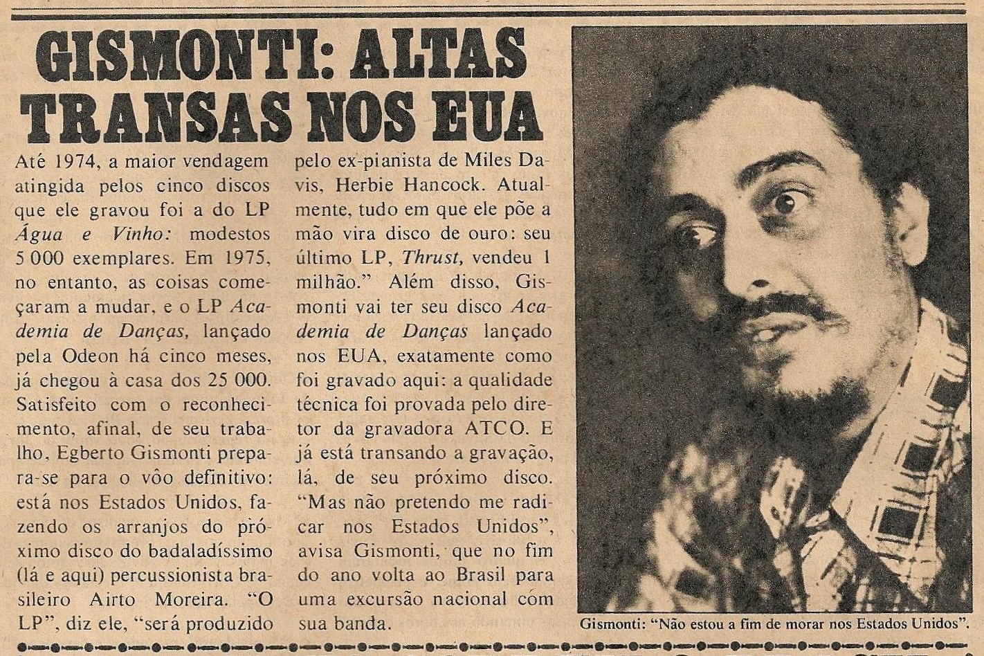 Jornal destacando o sucesso de Gismonti nos Estados Unidos